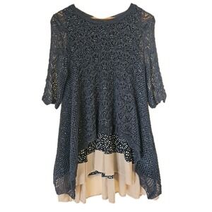 Navy Crochet Layered Women's Top with Cream Lining